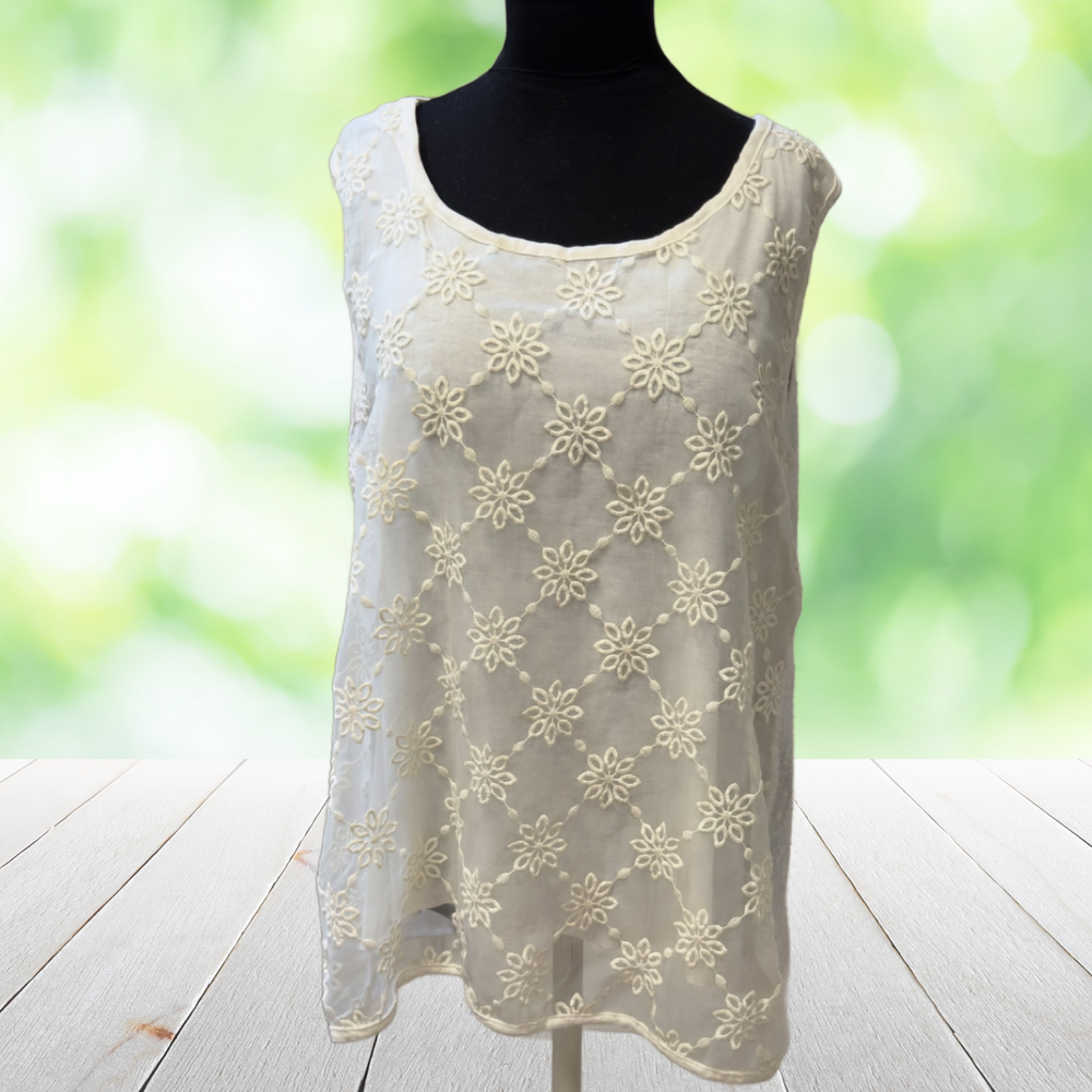 Vtg PIAZZA ROMA Italy Layered Top Linen Cotton Embroidered Floral Overlay Size L